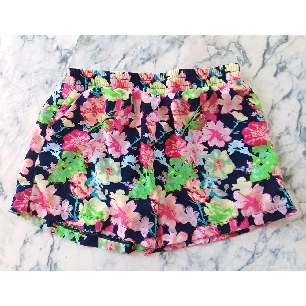 Faded Glory Floral Shorts Girls Size M 7-8 Navy Pink Green Elastic Waist Pockets